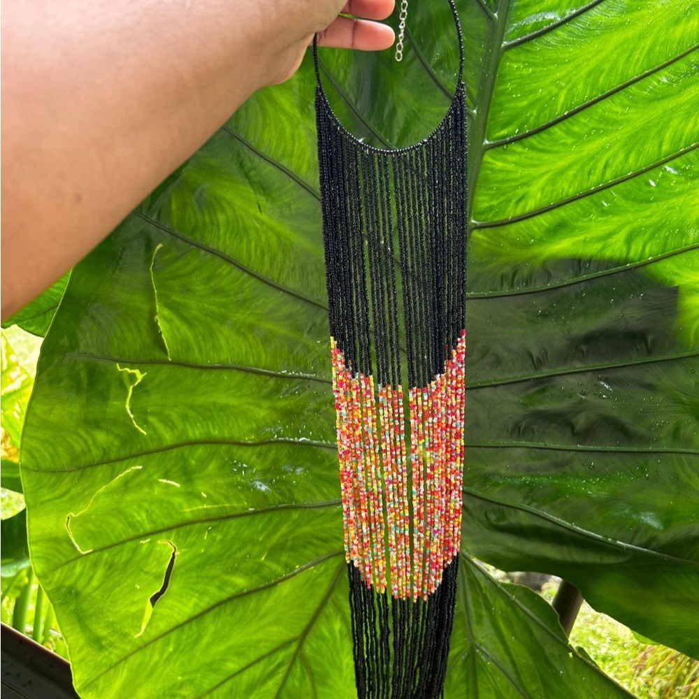 Vibrant Black and Coral Fringe Beaded Necklace